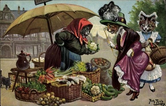 Artist PC Thiele, Arthur, humanized cats, mistress with maid at the market stall