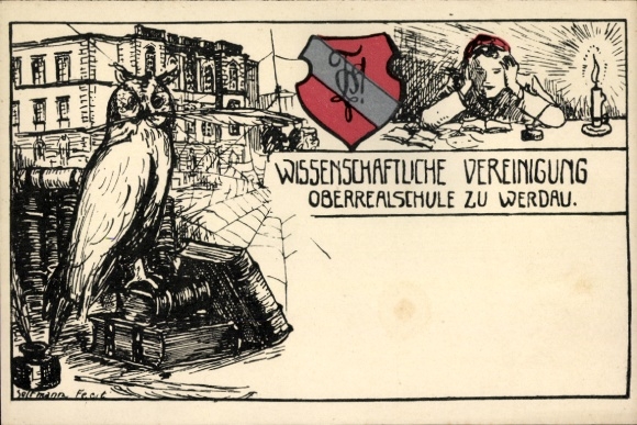 Studentika Postcard Werdau in Saxony, Oberrealschule, Scientific Association, Eule
