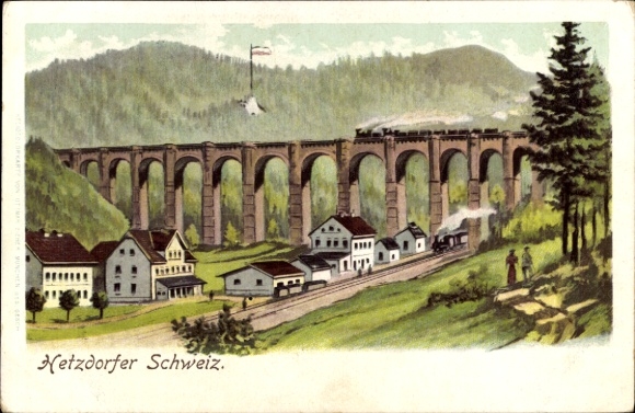 Litho Hetzdorf Halsbrücke in Mittelsachsen, Hetzdorfer Schweiz, Eisenbahnviadukt