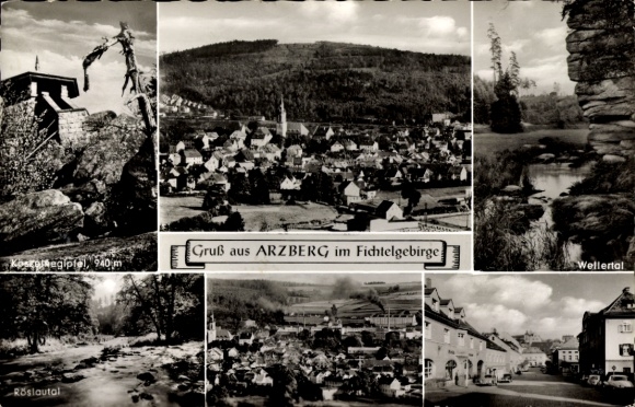 Postcard Arzberg in the Fichtelgebirge Upper Franconia, landscape, road section