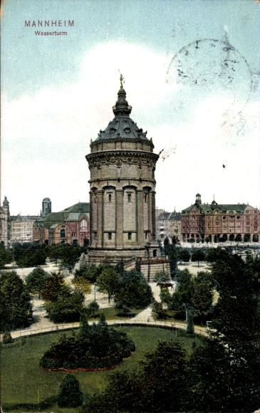Postcard Mannheim Neckar, view of the water tower and surroundings