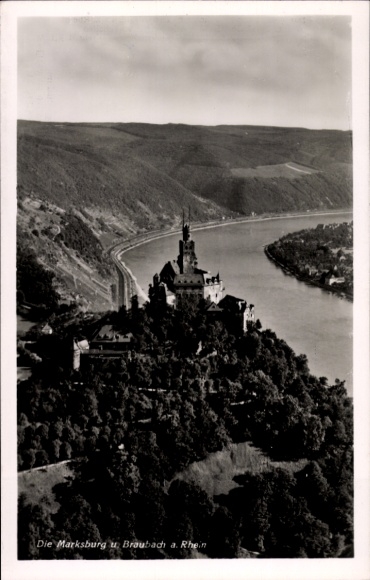 Postcard Braubach am Rhein, The Marksburg, view of the castle, Rhineland landscape, black and white photography