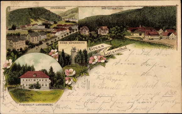 Litho Stutzhaus Luisenthal im Thüringer Wald, Forsthaus Langenburg, Ruine Käfernburg