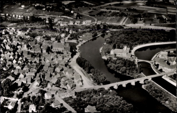 Postcard Lauffen am Neckar, aerial view of river, bridge, buildings