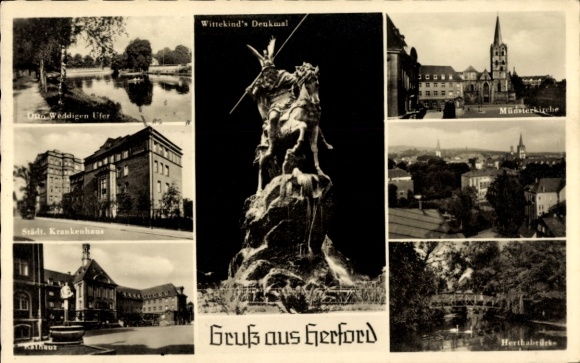 Ak Herford in Westfalen, Wittekind's Denkmal, Städt. Krankenhaus, Weddigen Ufer, Müsterkirche