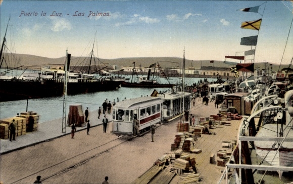 Postcard Las Palmas de Gran Canaria Canary Islands, Puerto la Luz, harbor, tram