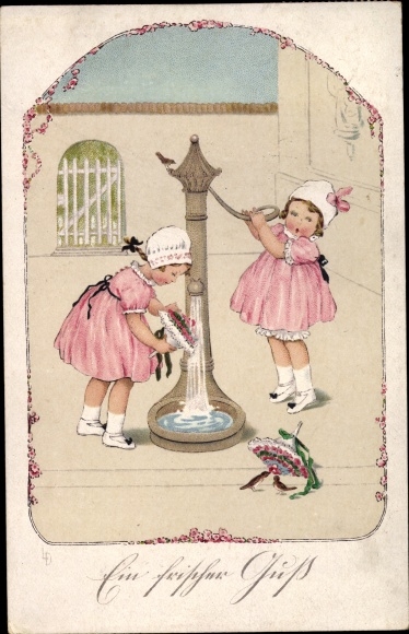 Kunstenaar Ak Een frisse groet, meisje met bloemen bij de waterpomp