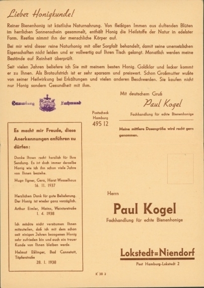Klapp Postcard Hamburg Eimsbüttel Lokstedt Niendorf, specialist shop for real bee honey Paul Kogel