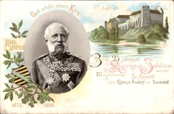Chromo-Litho Wettin an der Saale, castle, 25th government anniversary, 70th birthday of King Albert