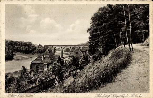 Postcard Fuldatal in Northern Hesse, valley with Kragenhofer Bridge, forest, house
