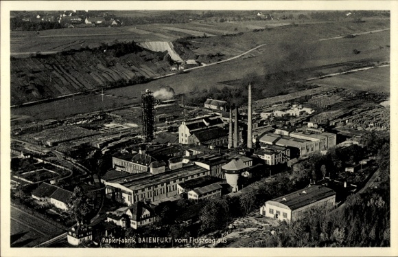 Postcard Baienfurt in Oberschwaben, paper factory, aerial photograph