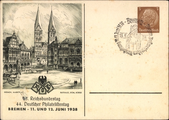 Postal stationery PC Hanseatic city of Bremen, 3rd Reichsbundestag, 44th German Philatelic Day, 11-12. June 1938