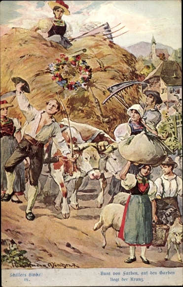 Artist PC Kaufmann, Hans, Schiller's bel IX, boeren, ossenkarren