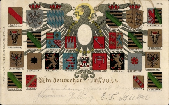 Embossed Coat of Arms Chromo-Litho A German Greeting, Kaiser Wilhelm II., Anhalt, Saxony, Hamburg, Bavaria