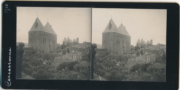 Stereo photo Carcassonne Aude, city view, 1910