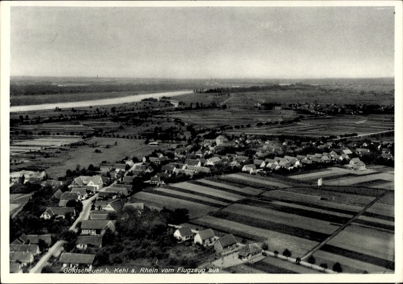 Postcard Goldscheuer Kehl am Rhein, aerial photograph, Rhine, rural surroundings, houses, fields