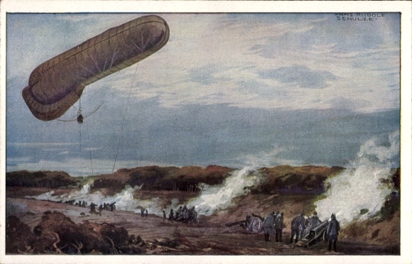 Artist Postcard Schulze, Hans Rudolf, Tethered Balloon of the German Air Fleet in WW I, Artillery