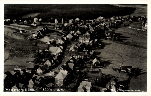 Postcard Masserberg in the Thuringian Slate Mountains, aerial photograph, houses and street