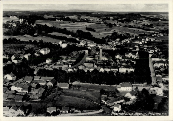 Postcard Pfarrkirchen in Lower Bavaria, aerial view of rural area, gardens, buildings