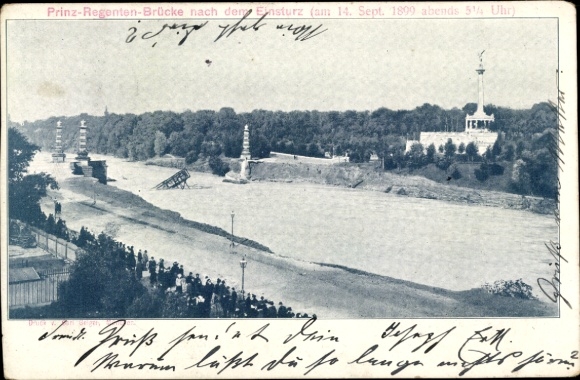 Postcard Munich, Prinz-Regenten-Brücke, after the collapse, 14 September 1899, evening