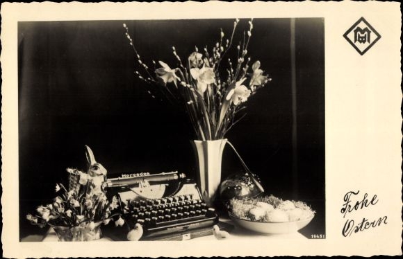 PC Happy Easter, typewriter Mercedes, pussy willow, flower vase, Easter eggs