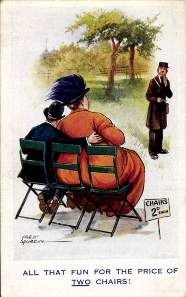 Artist Postcard Spurgin, F., Lovers, Overweight woman sitting on two chairs