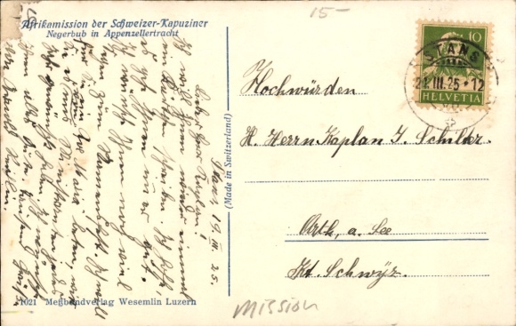 Postcard Africa Mission of the Swiss Capuchins, African boy in Appenzell costume