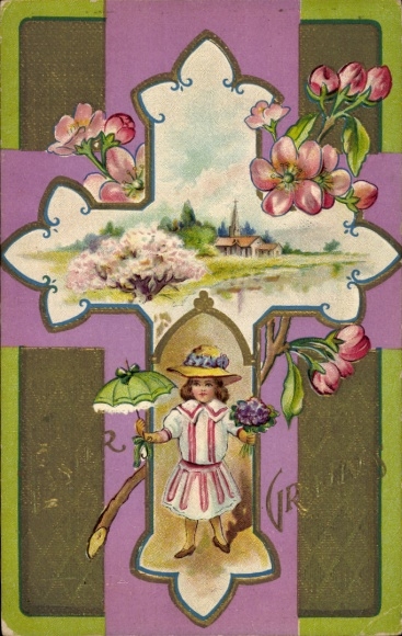 Präge Ak Glückwunsch Ostern, Mädchen, Blumen, Kreuz