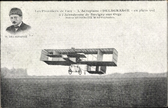Postcard Les Pionniers de l'air, L'Aéroplane Delagrange, in flight, Savigny sur Orge airfield