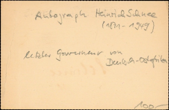 Postcard signature of Heinrich Schnee, last governor of German East Africa, Charlottenburg 1939