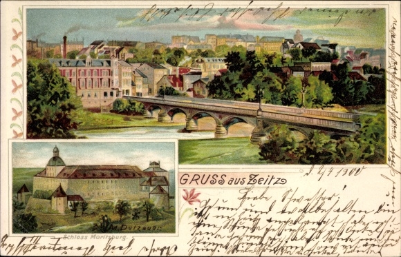 Künstler Litho Dutzauer, M., Zeitz an der Weißen Elster, Schloss Moritzburg, Totale, Brücke