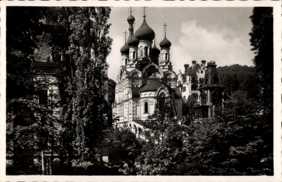 Postcard Karlsbad in Baden, Russian church, architecture, trees, black and white, surrounding nature