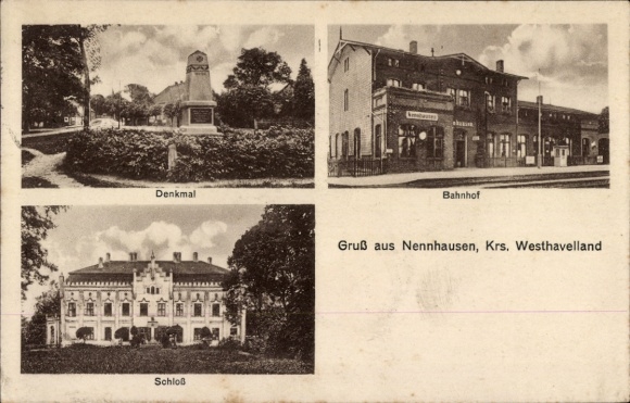Postcard Nennhausen in Havelland, castle, monument, train station