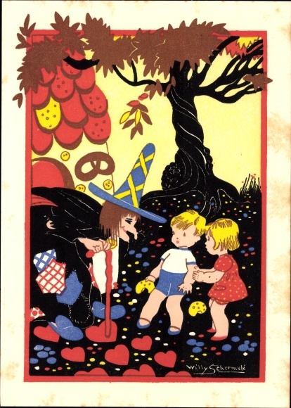 Artist Postcard Schermelé, Willy, Hansel and Gretel, fairy tales, Brothers Grimm, witch