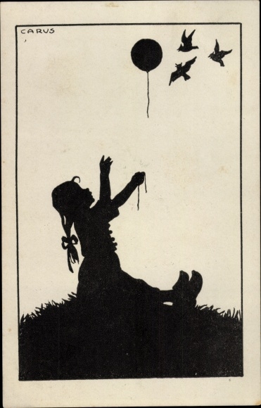 Paper cut artist Postcard Carus, girl, balloon flies away, birds