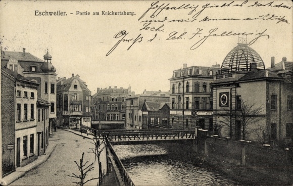 Postcard Eschweiler North Rhine Westphalia, historical city view, river with bridge, old buildings, Besc