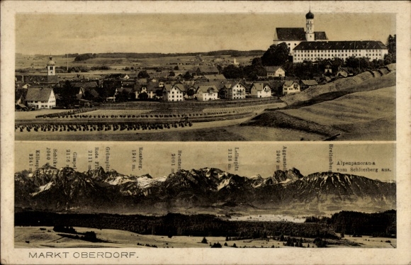 KP Marktoberdorf w szwabskim powiecie Ostallgäu, widok na miasto, panorama Alp, klasztor