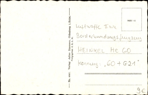 Postcard seaplane of the Luftwaffe, biplane, 60 G 21, Heinkel He 60