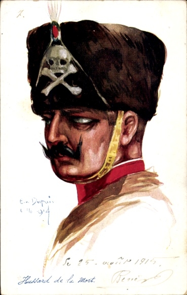 Kunstenaarskaart Dupuis, Emil, schedelhuzaar, portret