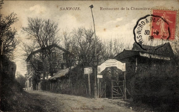 Ak Sannois Val d’Oise, Restaurant de la Chaumière, schattige Straße, Bäume, Poststempel