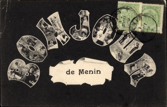 Letters Postcard Menin Menen Meenen Lys West Flanders, couple scenes in the lettering Bonjour