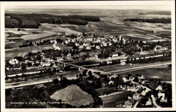 Postcard Kellmünz on the Iller Swabia, aerial photograph, city view, building, bridge, landscape