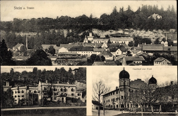 Postcard Stein an der Traun Traunreut, Gasthof zur Post, Count&#39;s Castle, overall view of the village