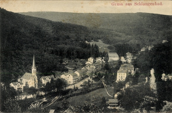 Postcard Schlangenbad in the Taunus Hessen, landscape view of church, buildings, greenery
