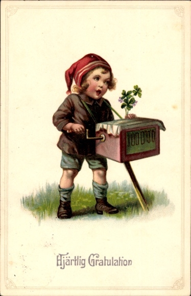 Postcard Happy Birthday, boy with barrel organ