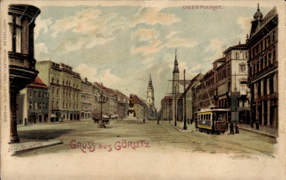 Künstler Litho Spindler, Erwin, Görlitz in der Lausitz, Obermarkt, Straßenbahn