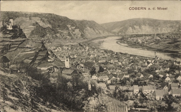 Postcard Kobern Gondorf in Rhineland Palatinate, valley panorama of the village, Moselle river, vineyards