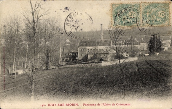 Ak Jouy sur Morin Seine et Marne, Panorama der Crevecoeur-Fabrik