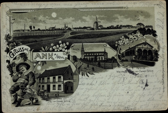 Moonlight Chromo-Litho Lank Latum Meerbusch on the Lower Rhine, church, wine tavern, view of the town