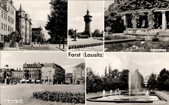 Postcard Forst in Niederlausitz, Bahnhofstraße, Water Tower, Rose Garden, Berliner Platz